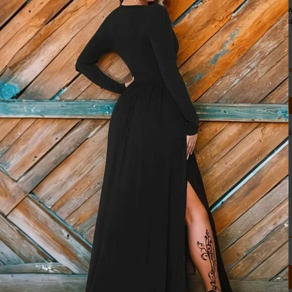 Black V Neck Boho Western Maxi dress - Double leg slits - Medium - Picture 2 of 2
